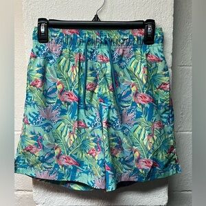 George Mens Swim Trunks Small Green Flamingos Tropical Pattern.